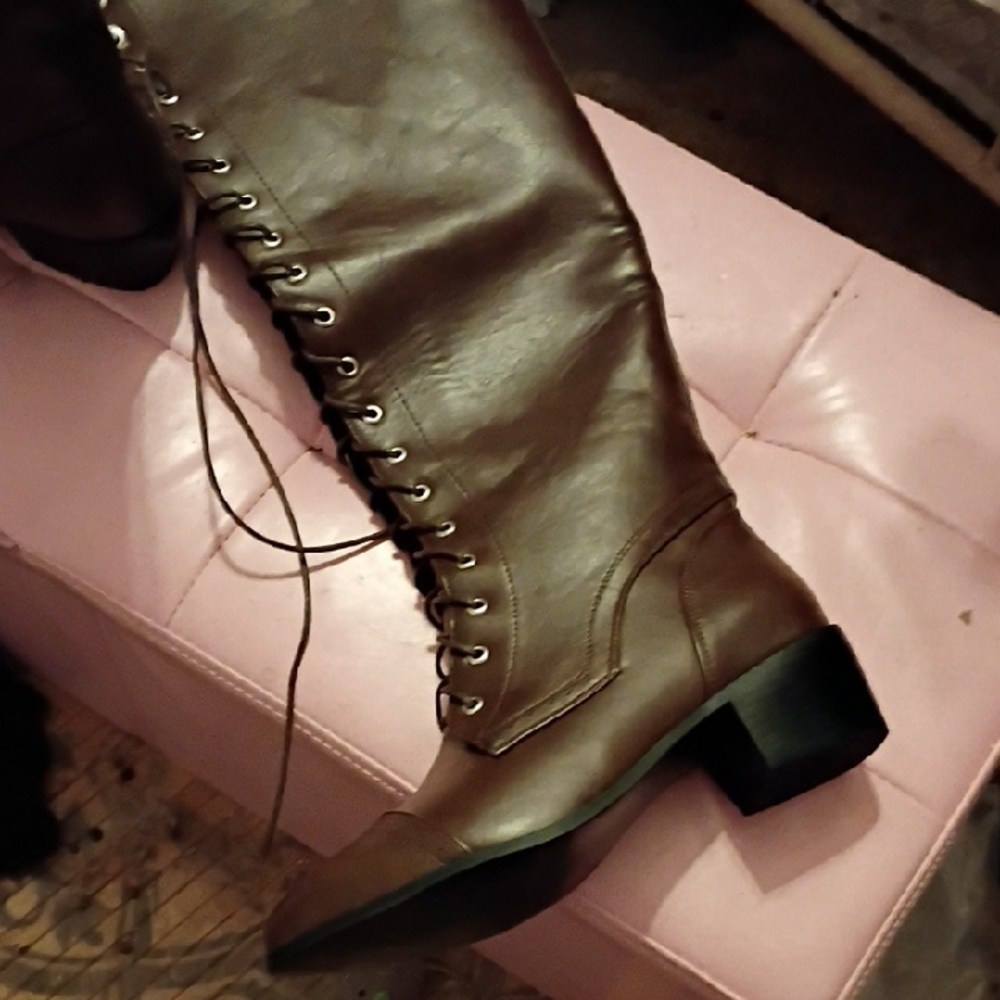 low Profile Brown Vegan Leather Knee-High Boots. Almond Toe,Low Heal. Never Worn